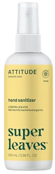 ATTITUDE Hand Sanitizer Spray, EWG Verified, Kills Germs & Bacteria, Vegan & Plant-Based, Safe for Adults & Kids, Lemon Leaves Scent, 3.38 Fl Oz (Spray Bottle)