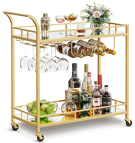 VASAGLE Bar Cart Gold, Home Bar Serving Cart, Wine Cart with 2 Mirrored Shelves, Wine Holders, Glass Holders, for Kitchen, Dining Room, Gold ULRC090A03