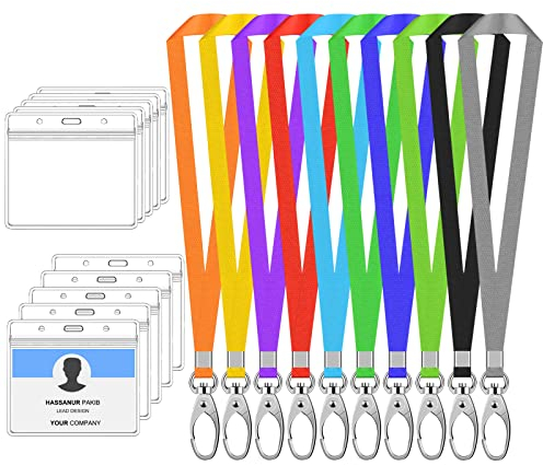 10 Sets Ausweishüllen & Schlüsselbänder, Ausweishalter mit Schlüsselband, Horizontal ID-Kartenhalter, Kartenhülle mit Umhängeband für Arbeitskarte Schlüsselanhänger (Bunt)