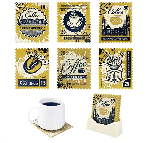 MEDOYOH Set of 6 Stamp Coasters with Holder, Coffee Style Drinks Coaster Set, Silicone Coasters, Washable for Coffee, Beer Mug, Wine, Glass Bottle, Home, Pub, Bar, Cafe