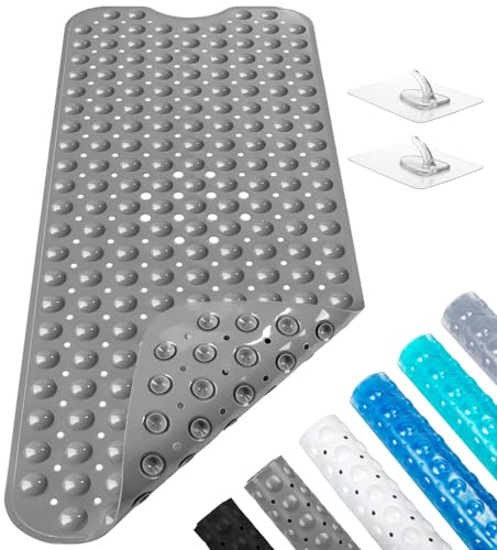 Baozun Tappetino Antiscivolo per Vasca da Bagno e Doccia,100 x 40cm Extra Lungo con Ventose Bath Mat Universale per Bagno, in PVC,Antibatterico,Resistente alla Muffa,Lavabili in Lavatrice (Grigio)