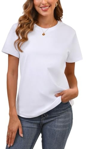 100% Cotton White Basic T Shirts for Women, Crew Neck Short Sleeve Shirts, Loose Fit Plain Workout Tshirts, Tops, Undershirts