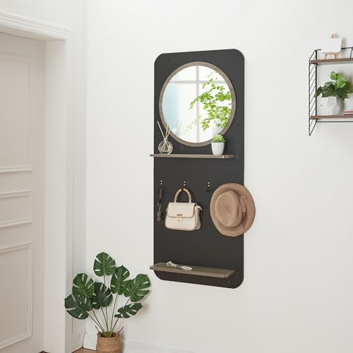 [en.casa] Pannello Ingresso con Specchio Rotondo Mensole e Ganci Appendi Accessori Mobile da Parete per Ingresso Corriodio 140 x 60 x 16 cm Nero/Effetto Legno