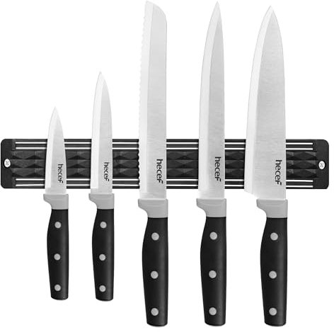 hecef 5 Pièces Set Couteau Cuisine avec Porte Couteaux Aimanté (33 cm), Couteaux de Cuisine Professionnels en Acier Inoxydable, Aimant Couteau Mural pour Les Couteaux et Les Ustensiles (Noir)