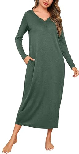 Leversic Camicia da Notte Donna Manica Lunga Camice da Notte Cotone Vestito da Notte Invernale con Tasche Pigiama Tinta Unita S-XXL