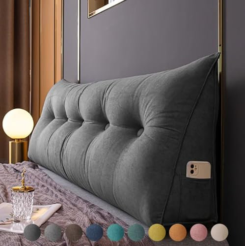 Bettkissen Rückenlehne 60cm Dunkelgrau, Rückenkissen Bett Keil Kopfteil Kissen, Waschbar Abnehmbar Rückenstützkissen Lendenkissen mit Seitentasche, Bequemes Wandkissen Lesekissen für Bett und Sofa