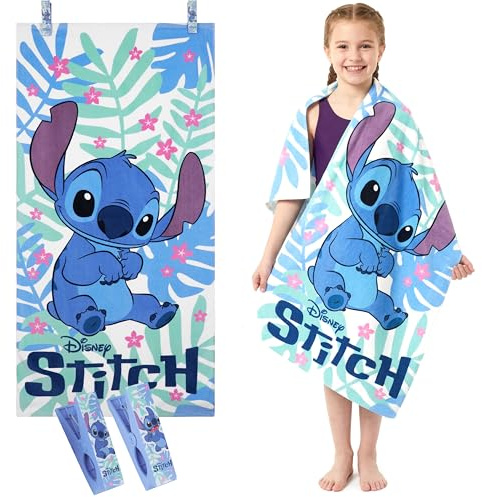 Disney Stitch Serviette de Plage Enfants avec 2 Pinces à Linge Serviettes de Bain Séchage Rapide Absorbant Drap de Plage 100% Coton Cadeau Enfant