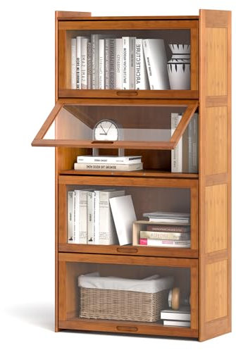 COSTWAY 4-Tier Bookcase, 140cm Bamboo Bookshelf with See-through Acrylic Doors, Freestanding Cube Organizer Display Cabinet for Study Room, Living Room and Bedroom (Brown)