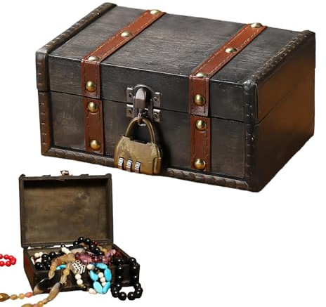 DINGFENG Coffrets Truffes Cadenas et Clé, 17 x 11 x 8 cm Coffre au trésor Pirate pour Enfant Boîte en Bois verrouillable Anniversaire Petite boîte en Bois boîte à Bijoux pour Rangement et décoration