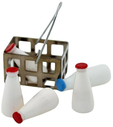 Shuade Juego de 5 botellas de leche en miniatura a escala 1/12 y cesta para casas de muñecas, cocina y comedor, decoración de exhibición