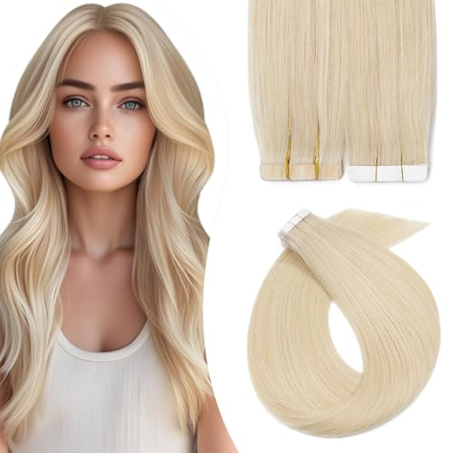 Elailite Extensiones Adhesivas Pelo Natural Rubio, 100% Cabello Humano sin Clip 20 Mechas Tape ins 30g 30cm #60 Rubio Platino