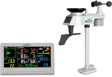 SQECH Wetterstation Funk mit Windmesser und Regenmesser, Außensensor, 7-in-1-Wetterstationen Innen und Außentemperatur Funk mit Wettervorhersage, Luftfeuchtigkeit, Mondphase, Datum, Wecker