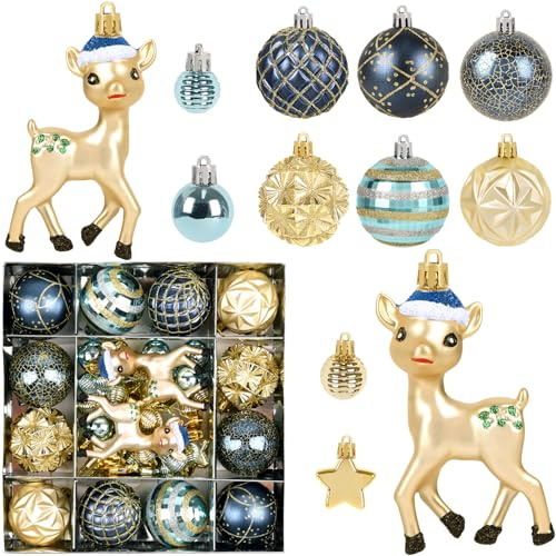 44 Stück Christbaumkugeln Blau Gold Set,6CM/3CM Weihnachtskugeln Kunststoff mit Aufhängen,Bruchsicher Ornamente Weihnachtsbaum Kugeln Weihnachten Deko Weihnachtsbaumschmuck Christbaumschmuck