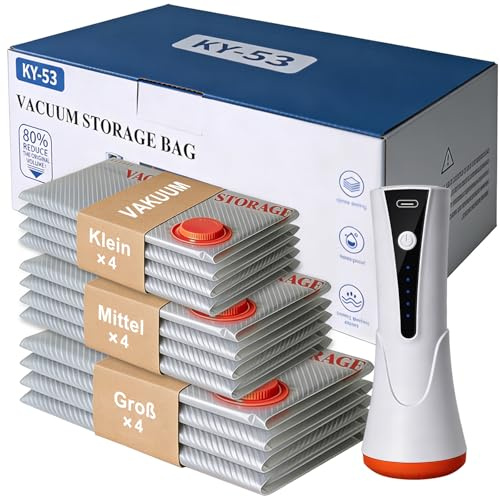 Vakuumbeutel für Kleidung mit Kabellose Vakuumpumpe, 12 Stück (4 Groß 60x50cm, 4 Mittel 60x40cm, 4 Kleine 50x40cm), Wiederverwendbare Vakuumierbeutel Kleidung für Reisen Tägliche Aufbewahrung