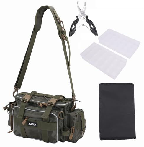 doorslay Fishing Tackle Bag with 2 Storage Boxes, Watertight Shoulder Bag with Adjustable Straps, 23-Tray Organizer for Lures, Hooks & Fishing Gear Accessories (Green Set)