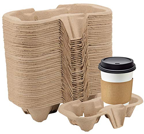 HOZEON 100 Pack 2-Cup Pulp Fiber Drink Carrier, to Go Coffee Cup Holder, Disposable Drink Carrier Tray for Hot or Cold Drinks, Coffee Shops, Takeaway Shops, Restaurants,Grocery Stores, Juice Bars