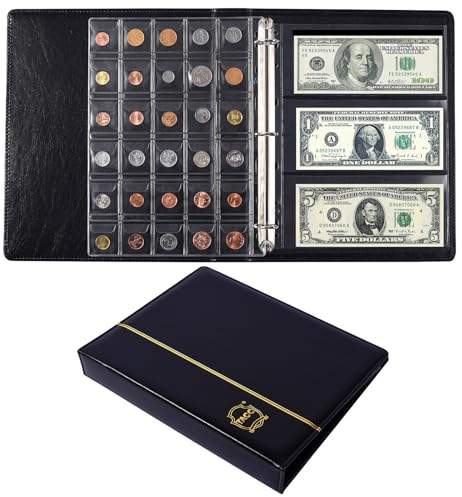 Ettonsun Porta monete da collezione, per collezionisti, album da collezione con 120 tasche e 24 tasche per conservare monete, banconote, penny, quarti, francobolli