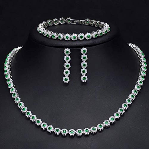 Bernice Funk Collana Orecchini Set Di Anelli Set Di Gioielli per Donna Elegante Elegante Set da Sposa Orecchini Collana Bracciale 3 Pezzi 3A Zircone Collana in Oro Bianco Ipoallergenicoverde
