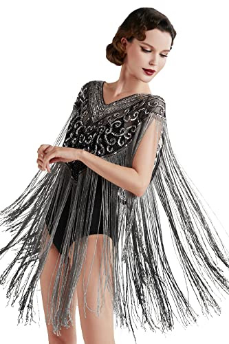 BABEYOND Châle de soirée des années 1920 à longues franges avec paillettes et perles, noir/argenté, taille unique