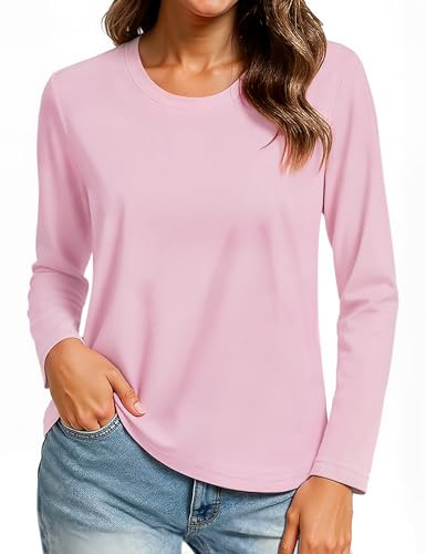 TACVASEN Casual T-Shirts for Women Crew Neck Long Sleeve Tops Cotton Stretch Shirts Soft Quick Dry Walking T-Shirt, Light Pink, M