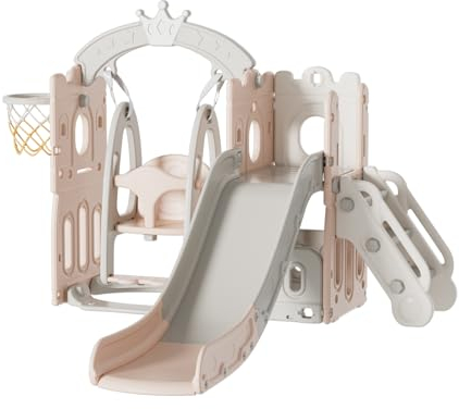 Baby Slide and Swing Set Freestanding Slide Toddler Climber Swing Set Infant Playground Play Set Indoor Outdoor Long Slide Baby Playground Activity Center Kid Play Equipment (Tower-Pink)