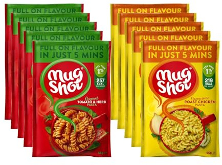 Mug Shot Instant Pasta Ready Meal - Quick Chicken Instant Pasta, 5 pk - Tomato & Herb Pasta Ready Meal, 5 pk - Two Flavours 10 pack total - Ready in Five Minutes Instant Food and Snack