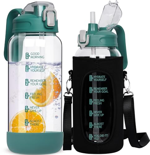 DEARRAY 1.5 Litre Glass Water Bottle With Straw & Time Markings - Large Leakproof Motivational Drinking Bottle, Big Pitcher Jug With Lid, BPA Free Carafe