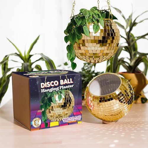 Bubblegum Stuff - Goldener Discokugel-Hänge-Pflanztopf für Zimmerpflanzen – 20,3 cm Korb mit Kette, Rand, Kräuterpflanzgefäß – Boho-Dekor-Pflanztöpfe für Raumdekoration