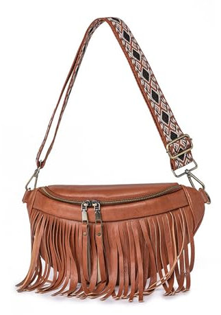 NICOLE & DORIS Kleine Umhängetaschen Damen Retro Schultertaschen PU Leder Satchel Tasche mit Quaste Crossbody Bag Brusttasche Fransentasche Braun