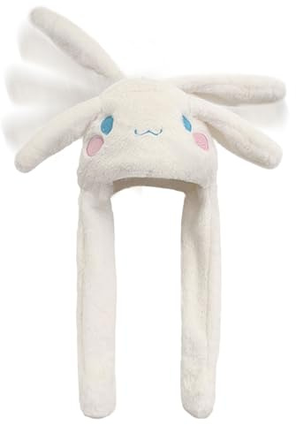 Cute Soft Plush Hats, Ear Moving Jumping Hat, Funny Cartoon Animal Warm Winter Caps for Women Girls (US, Alpha, One Size, White)