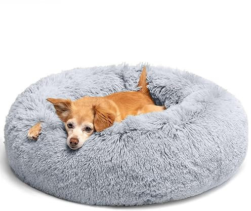 LUOJINYI Hundebett Flauschig, Hundekissen Rund Haustierbett Donut Katzenbett Waschbar mit rutschfestem Boden für große, mittelgroße & kleine Hunde, 60 cm, Hellgrau