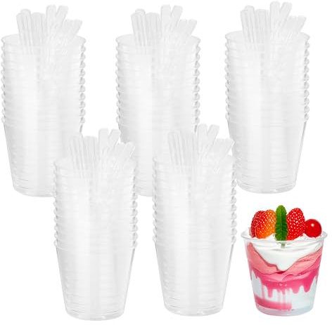 BUCOMTU 50 pièces Tasses à Dessert, 200 ml Gobelets à Dessert avec 50 cuillères, Ronds Verrines Plastique, réutilisables, parfaits pour la mousse, le pudding, le tiramisu et la glace