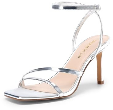 DREAM PAIRS Women’s High Stilettos Heels Open Toe Square Sandals Ankle Strap Pumps Sexy Comfort Strappy Dress Shoes Party Wedding Heeled Sandals,Size 8,Silver,DWUMHS2563
