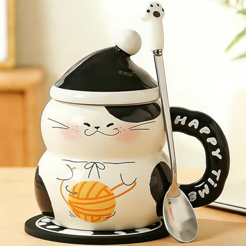 Disoza kattmugg med lock 400 ml Cat Mug kattdekoration present keramik tekopp julmugg födelsedagspresent kattmugg 3d kaffekopp för män bror vän kvinnor flickvän