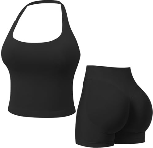 Womens Workout Sets Gym Outfits 2 Pieces Seamless Longline Halter Backless Crop Top Scrunch Bums Shorts Yoga Tracksuit