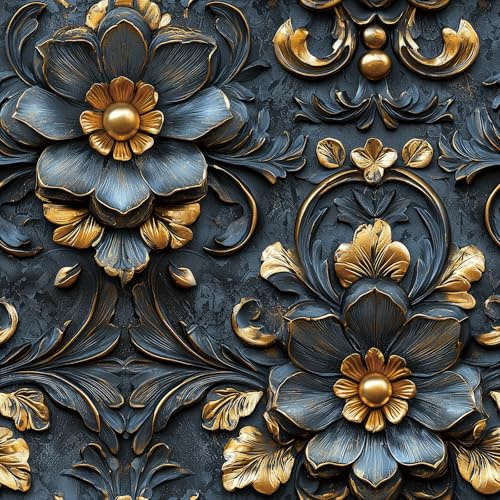 FunStick Carta da Parati Motivo Floreale Grigio Scuro e Oro Carta da Parati Adesiva Muro 3D Effetto Floreale Barocco Lussuoso Impermeabile Pellicola Murale Adesiva Decorativa Soggiorno Bagno 44.5CM×3M