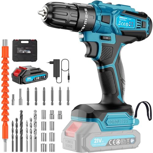 Taladro Percutor a Bateria, Taladro Atornillador de 21V con Batería de 2000 mAh, Taladro Inalámbrico Máximo 30 N·m, Ajuste de Par 25+3, 2 Velocidades, Portabrocas de 10 mm, con Iluminación LED