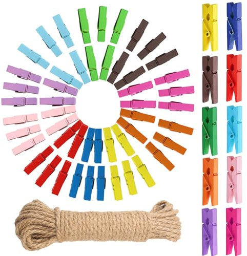 MOLIMOLI 100 Mollette in Legno Colorate Mini (3,5 cm) con Corda - per Appendere Foto, Creare Collage Immagini e Cartoline