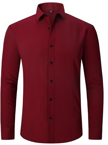 MakingDa Chemise habillée pour homme à manches longues extensible sans repassage - Chemises formelles et décontractées unies, bordeaux, S
