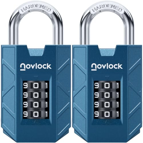 NOVLOCK Candado de combinación de 4 dígitos – resistente y seguro – arco de acero templado de 7 mm – para taquillas, armarios, portones, vallas y cobertizos – 2 unidades, azul