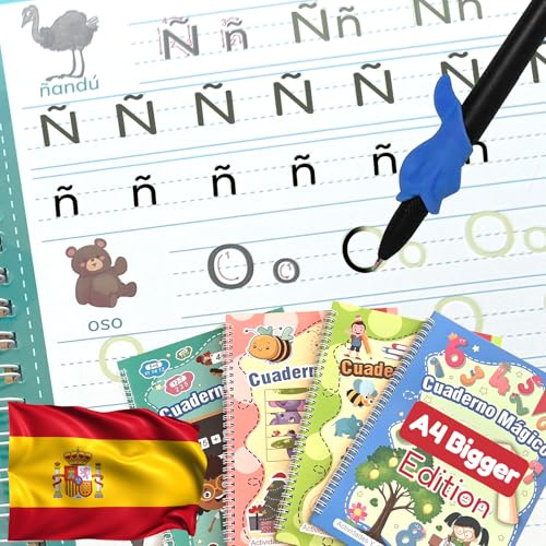 4 Magic Grooved Writing Practice for Kids - A4 Big Size Spanish Pre K Tracing Practice Book, Reusable Preschool Handwriting Workbooks Without Tears, 4-Theme Copybooks with Pen Refill (Spanish, Big)