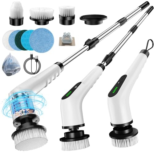 Timzeit Spazzola elettrica per la pulizia 9 in 1, spazzola elettrica con testine intercambiabili, spazzola elettrica per pulizia con manico regolabile e batteria da 3000 mAh per bagno, cucina, auto
