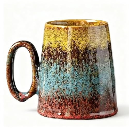 Ximoryn Vintage Gradient Glaze Ceramic Mug, 400ml Large Capacity Handled Cup for Coffee/Tea, Artistic Home Drinkware (Yellow, Blue & Red Fade)