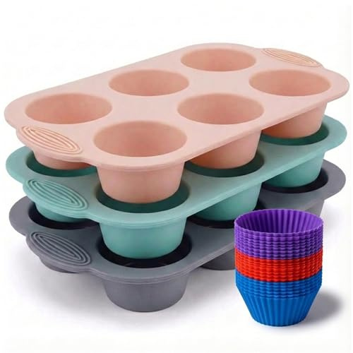 Kaishuai 21 Pezzi Stampo per Muffin in Silicone 3 Teglia muffin silicone,18 Pirottini per muffin silicone per Muffins, Cupcake, Torte, Dolci,Cupcakes,Rotondo Teglia antiaderente per muffin