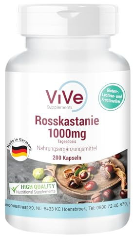 Hästkastanj 1000mg – 200 kapslar – 1000mg per dag – högdoserad – med värdefull aescin – kvalitet från Tyskland – ViVe Supplements