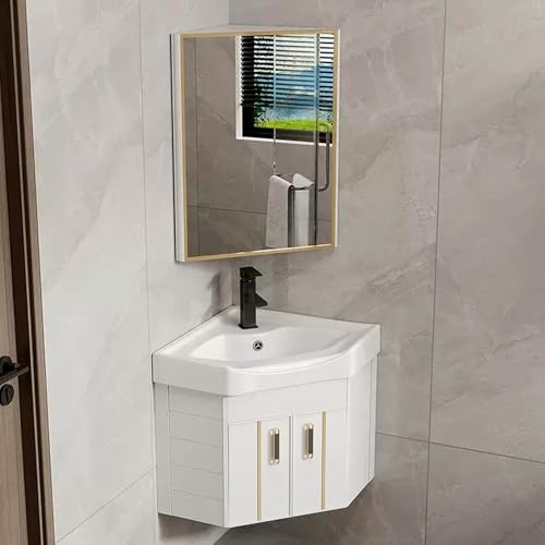WBJGUOD Lavabo de Esquina con Espejo, tocador Flotante de Pared para Ahorrar Espacio, Lavabo de cerámica.
