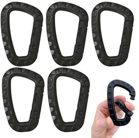 Mosquetones de Plástico – 5 Piezas – Mosquetón Táctico Negro con Cierre de Muelle, Ligeros y Versátiles para Camping, Senderismo y Actividades al Aire Libre - Forma de D Molle, Carabiner