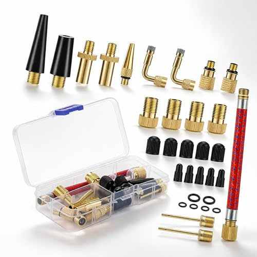 Kit Adattatore Valvola Bici 32 Pezzi, Adattatore Presta Schrader Dunlop AV DV SV con Tubo di Prolunga, Ago per Gonfiare Palloni e Box, Adattatore Pompa Bicicletta per Bici, Auto, Moto e Palloni