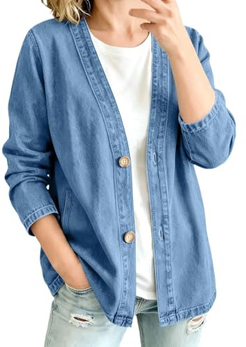 Generisk damkofta av denim – avslappnat snitt, lätt och avslappnad, med långa ärmar och knapplist; klassisk jeansjacka i cardigan-stil (blå, 3XL)