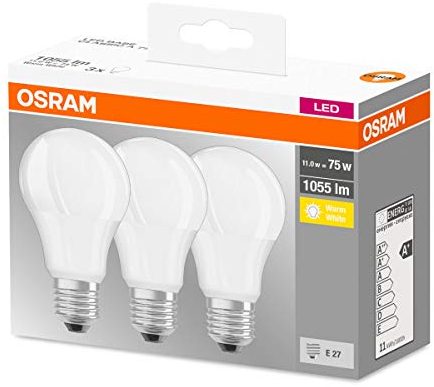 Osram LED Base Classic A Lampe, in Kolbenform mit E27-Sockel, nicht dimmbar, Ersetzt 75 Watt, Matt, Warmweiß - 2700 Kelvin, 3er-Pack